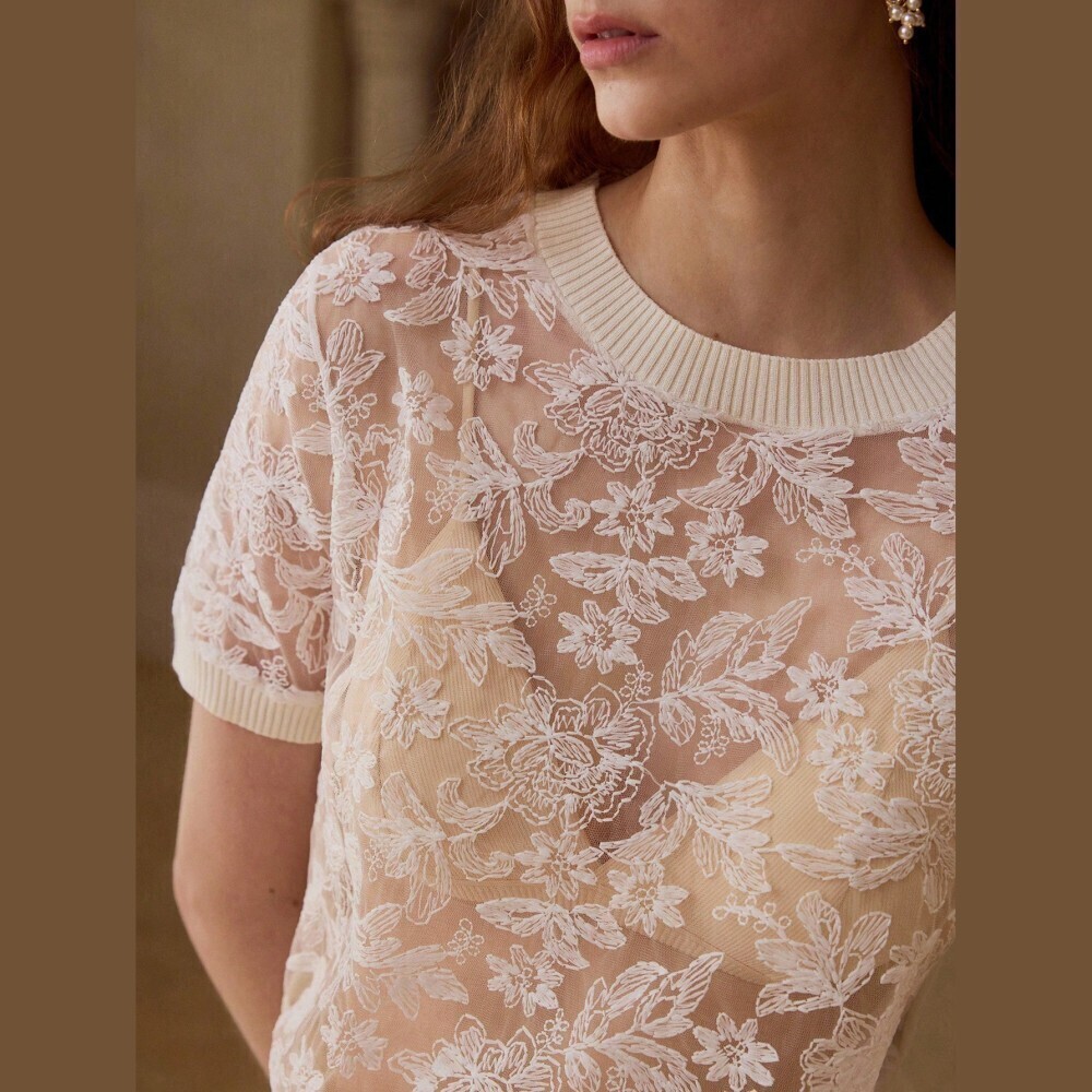 Cream Sheer Lace Floral Mesh Round Neck Short Sleeve Knit Top Tee